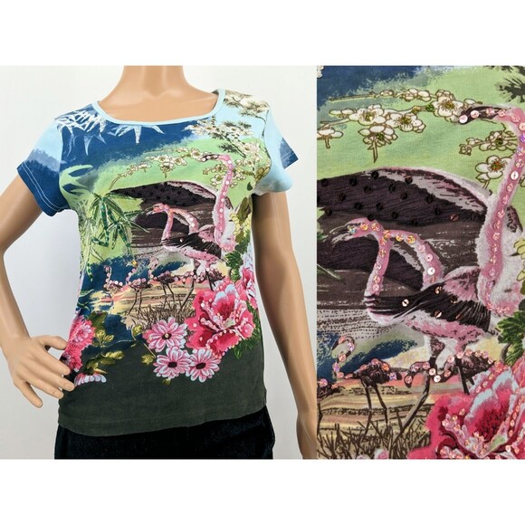 Vintage 90s y2k Take Two Ringer Tee Floral Tropical Falmingo Sequins Size S - Picture 10 of 10